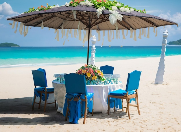 Décoration de table à manger avec lampe rougeoyante et couleurs sur la plage