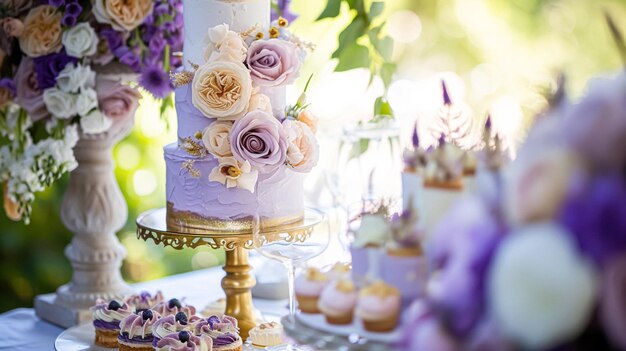 Décoration de table de mariage avec des fleurs de lavande, des bonbons et du gâteau.