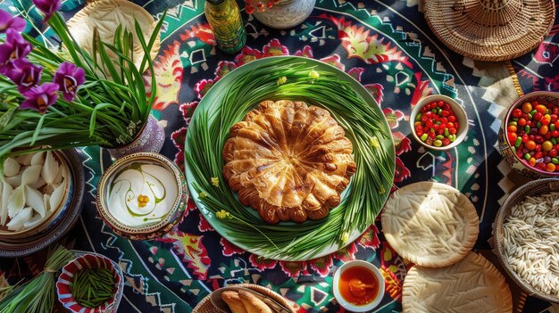 Photo décoration de la table de novruz herbe de blé pakhlava nationale azerbaïdjanaise célébration de la nouvelle année réveil de la nature