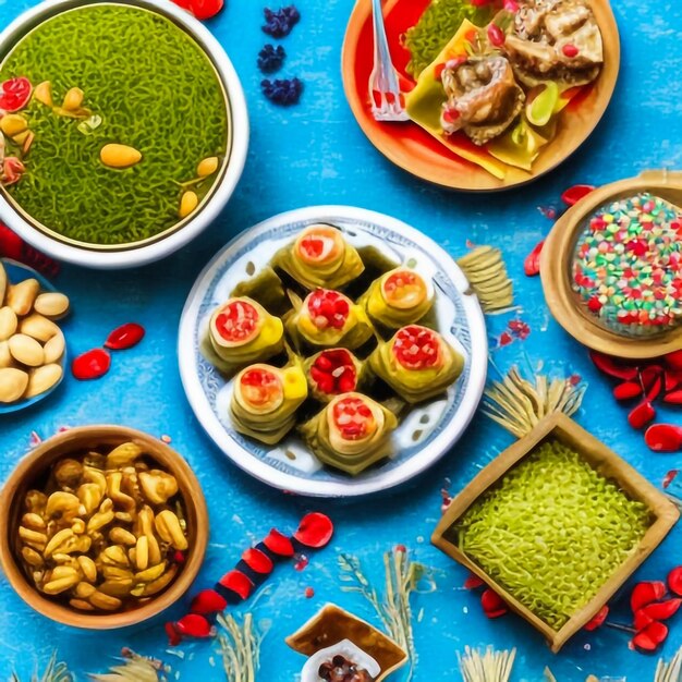 Photo décoration de la table de novruz herbe de blé pakhlava de pâtisserie nationale de l'azerbaïdjan célébration de la nouvelle année
