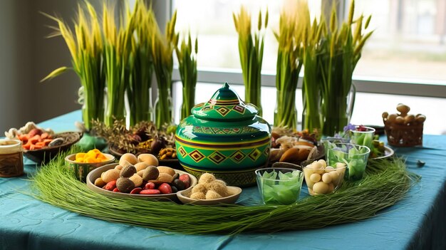 Décoration de la table de Novruz de l'herbe de blé Pakhlava de la pâtisserie nationale de l'Azerbaïdjan