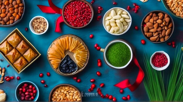 Décoration de la table de Novruz de l'herbe de blé Pakhlava de la pâtisserie nationale de l'Azerbaïdjan