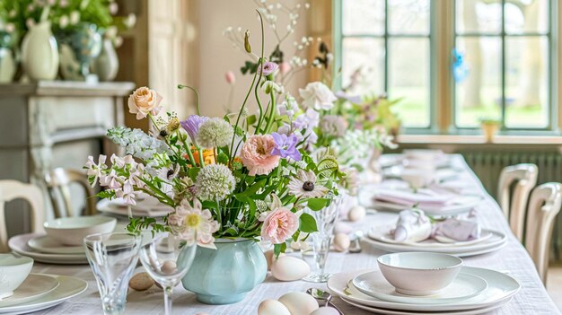 Décoration de table de Pâques décoration de table florale de vacances pour célébration familiale fleurs de printemps œufs de Pâque lapin et vaisselle vintage style anglais de campagne et de maison