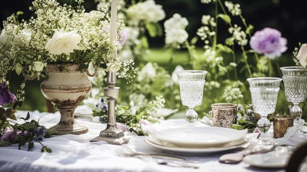 Décoration de table de vacances et table de dîner dans un jardin de campagne, décoration d'événement formel pour mariage, fête de famille, style campagnard anglais et maison.