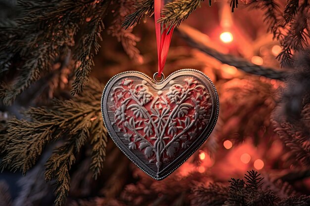 Une décoration de vacances coeur rouge suspendu à un arbre de Noël avec un beau fond flou Generative AI