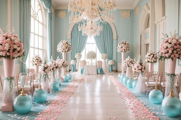 Décorations d'allée de la salle de mariage en couleurs pastel idées d'inspiration de thème