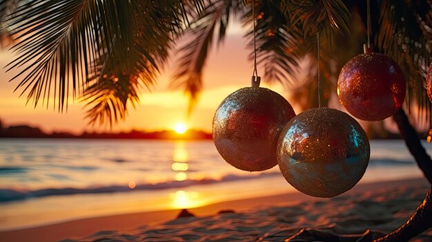 Décorations d'arbres de Noël sur une plage tropicale au coucher du soleil Concept de vacances et de célébration