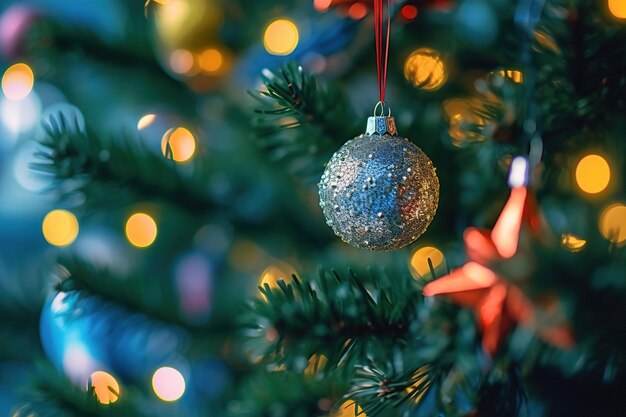 Décorations et boules de Noël avec flou et paillettes sur fond