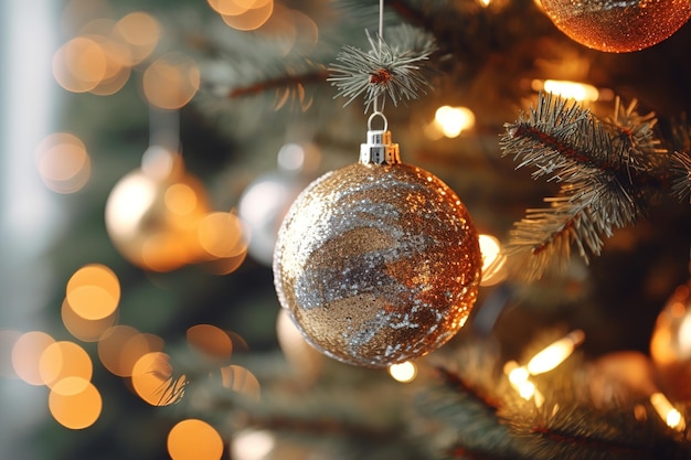 Décorations et boules de Noël avec flou et paillettes sur fond