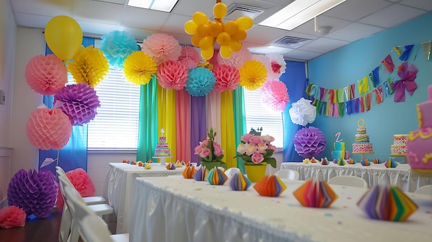 Décorations colorées pour la fête d'anniversaire La pièce est décorée avec des bouquets d'arc-en-ciel, des fleurs en papier et des ballons