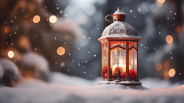 Décorations enneigées de lanterne de Noël ai généré illustration de fond de Noël sur fond blanc