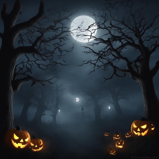 Décorations fantasmagoriques de nuit d'Halloween et Jacko'Lanterns
