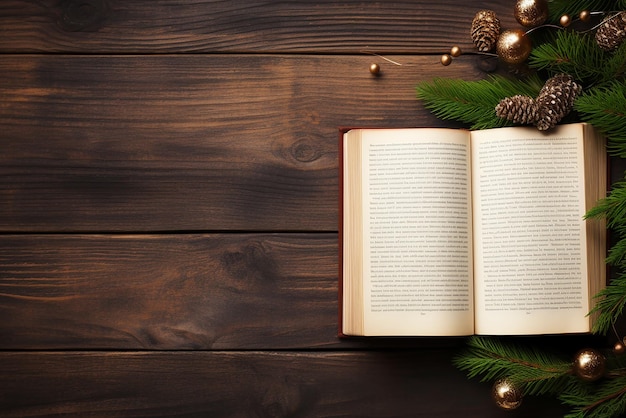 Décorations festives de Noël avec une Bible ouverte sur un vieux fond en bois créées avec l'IA générative pour