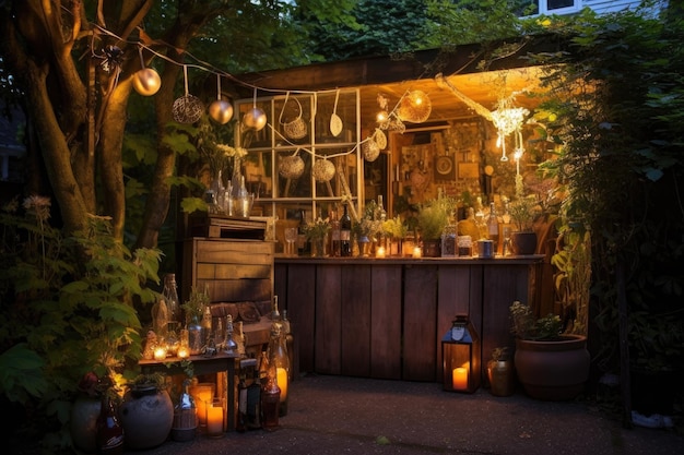 Décorations de fêtes de jardin sur le thème du whisky et des lumières de fées créées avec l'AI générative