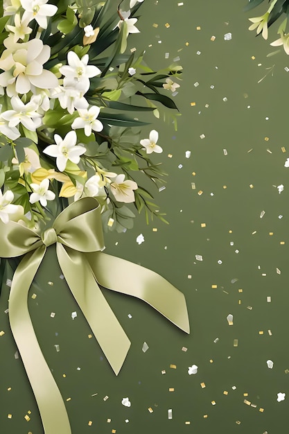 Décorations avec des fleurs blanches et des arcs fond vert avec de l'espace pour votre propre contenu avec des confettis fête du Nouvel An et des célébrations