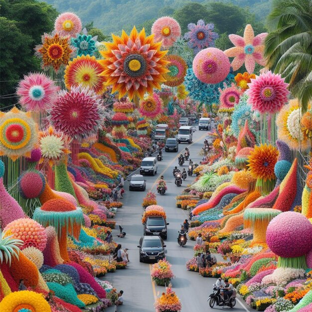 Décorations de fleurs sur la route pour le festival