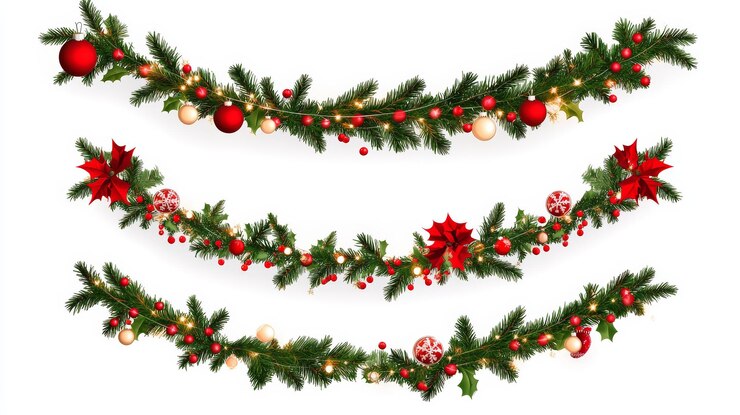 Photo les décorations de la guirlande de noël mettent en place des branches de pin vert festif avec des lumières et des ornements