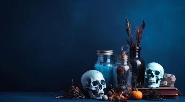Décorations d'Halloween avec des crânes et des bougies créées avec la technologie d'IA générative