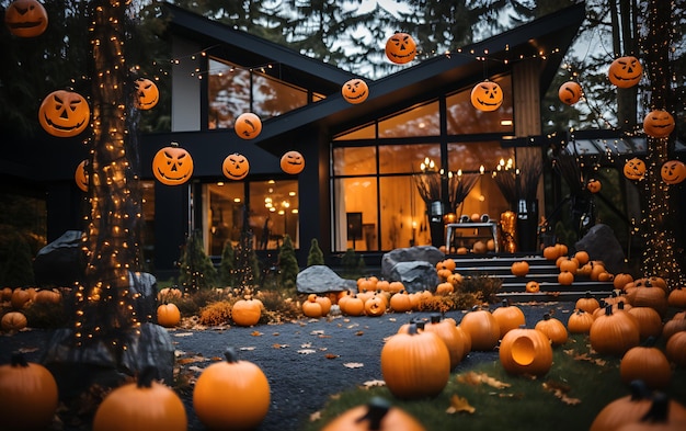 Décorations d'Halloween à l'extérieur d'une maison moderne