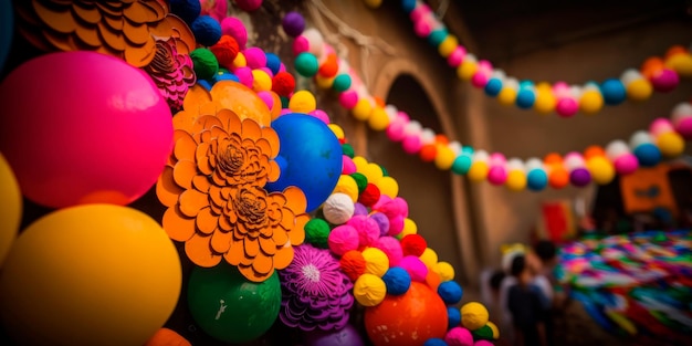 Décorations Holi avec guirlandes de fleurs et ballons Generative AI