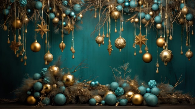 décorations de Noël avec des arcs et des balles sur un fond vert