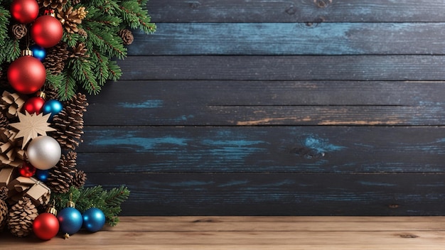 Décorations de Noël sur une bannière de Noël de fond en bois avec espace de copie