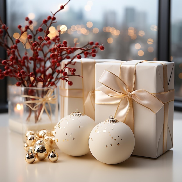 Des décorations de Noël blanches et rouges sur la table.