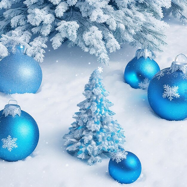 Décorations de Noël bleues sur fond de neige générées par l'IA
