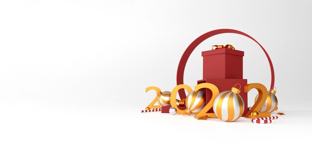 Décorations de Noël et bonne année avec une boîte cadeau rouge, une boule en argent doré et une étoile dorée sur fond blanc. illustration 3D