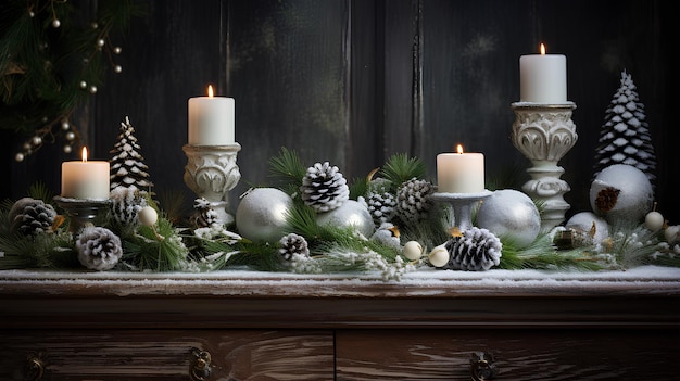 décorations de Noël avec des bougies de sapin et des boules sur la table en bois