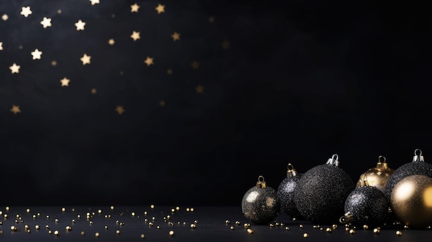Décorations de Noël en boules noires et lumières sur fond noir Illustration générée par IA