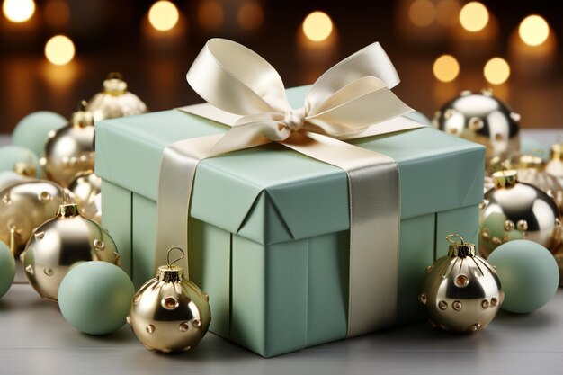 Photo décorations de noël avec un cadeau vert pastel sur un fond flou