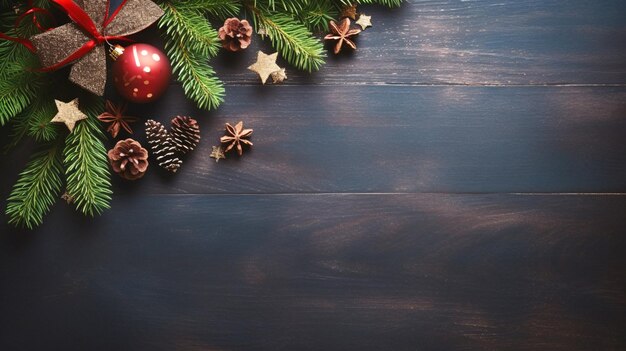 Décorations de Noël confortables sur une table en bois sombre avec des pommes de pin et des boules rouges Generative AI