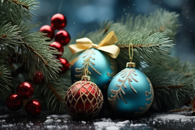 décorations de Noël dans la neige avec des pommes de pin et des boules