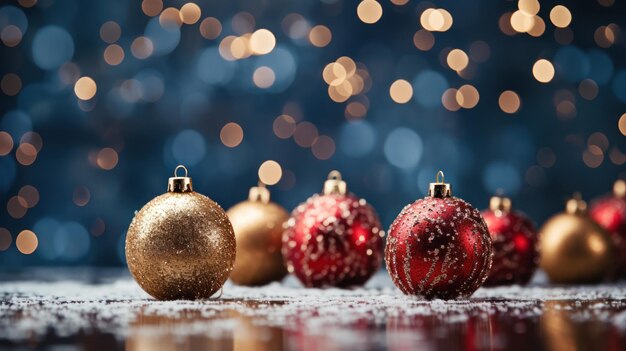 Décorations de Noël étincelantes et pommes de pin de près sur une surface enneigée