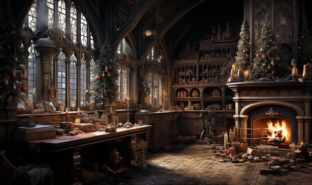 Décorations de Noël à l'intérieur d'un vieux château rendu 3D
