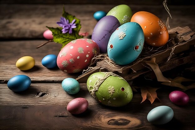 Décorations de pâques colorées sur la photographie de planche de bois