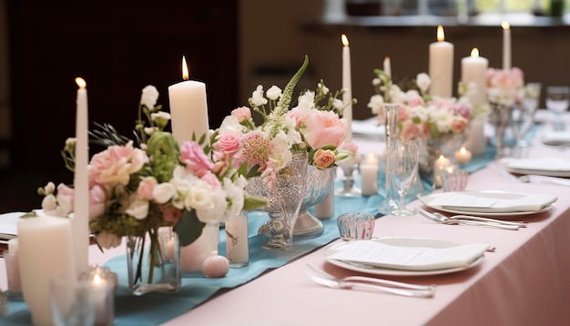 Décorations de table de fleurs pour les vacances et le dîner de mariage Ensemble de table pour une fête de vacances ou une réception de mariage dans un restaurant en plein air générer de l'ai