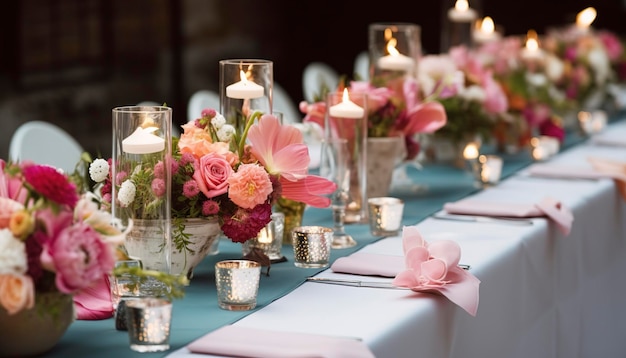 Décorations de table de fleurs pour les vacances et le dîner de mariage Ensemble de table pour une fête de vacances ou une réception de mariage dans un restaurant en plein air générer de l'ai