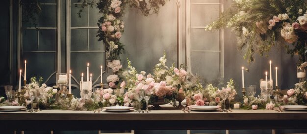 Décorations de table de mariage avec des arrangements floraux pour une réception de banquet