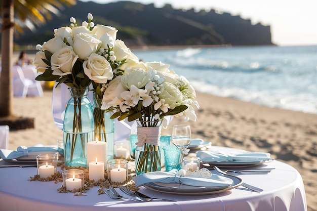 Décorations de table de mariage sur la plage