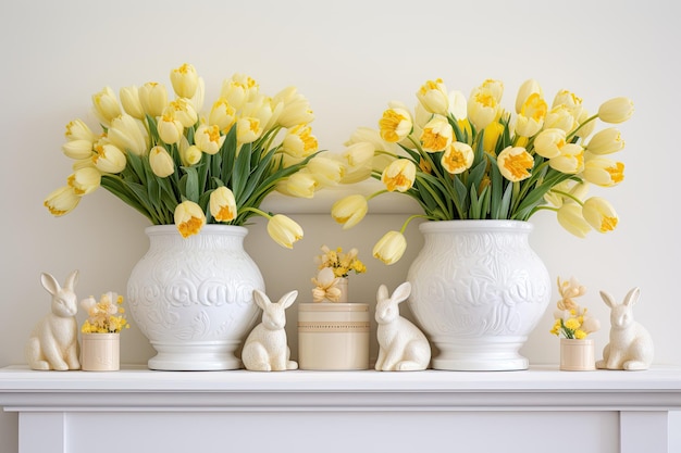 Des décorations sur le thème du printemps peuvent être vues sur une cheminée blanche avec des tulipes et des lapins.