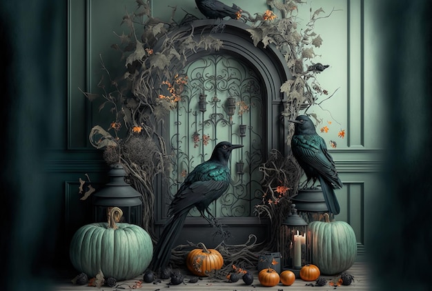 Décorations verticales d'Halloween à l'intérieur avec des citrouilles vertes, des toiles d'araignées et des corbeaux