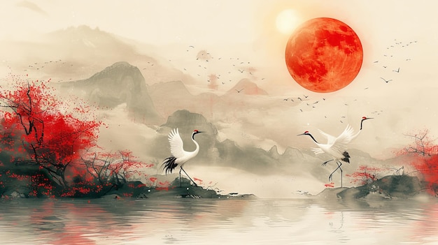 Décorative moderne d'une vague chinoise avec un motif japonais Décoration orientale avec des oiseaux grues Bannière ou présentation vintage en aquarelle