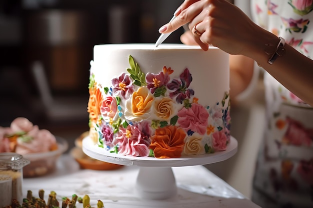 Décorer le gâteau dans la table de la cuisine professionnel avec la main du chef