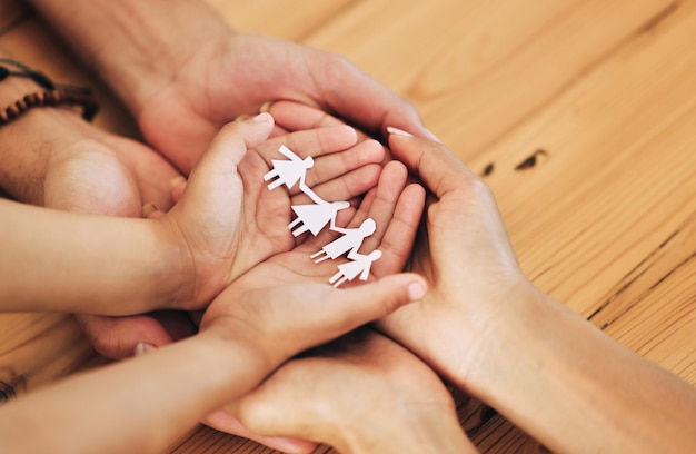 Découpe d'assurance et papier avec les mains de la famille pour la sécurité et la planification de la protection Soins futurs et compassion avec les parents et l'enfant tenant l'icône de la figure ensemble pour le bien-être la confiance et l'espoir