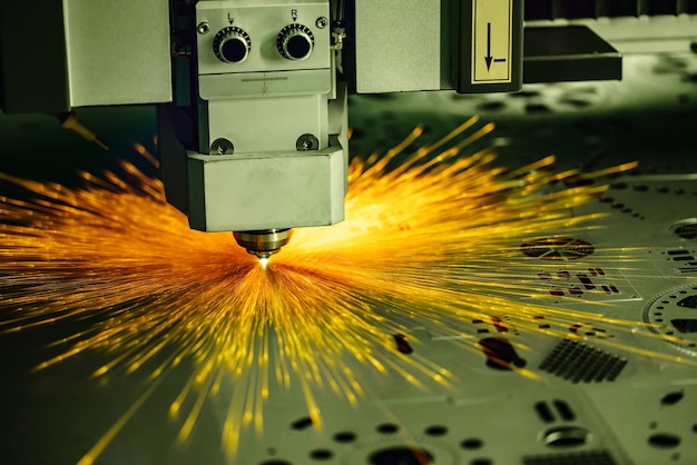 Découpe laser CNC du métal, technologie industrielle moderne. Petite profondeur de champ. Avertissement - prise de vue authentique dans des conditions difficiles. Un peu de grain et peut-être flou.