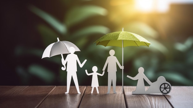 Découpe de papier d'une famille avec un parapluie vert et le soleil derrière eux