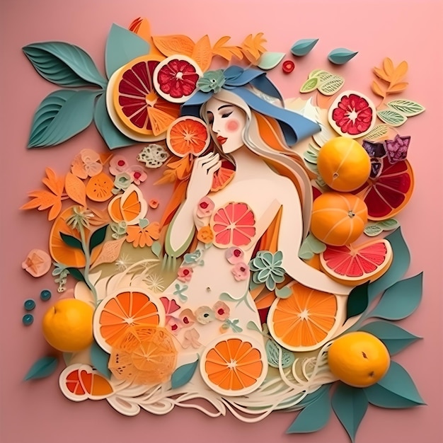 Une découpe de papier d'une femme avec des oranges et des fleurs.