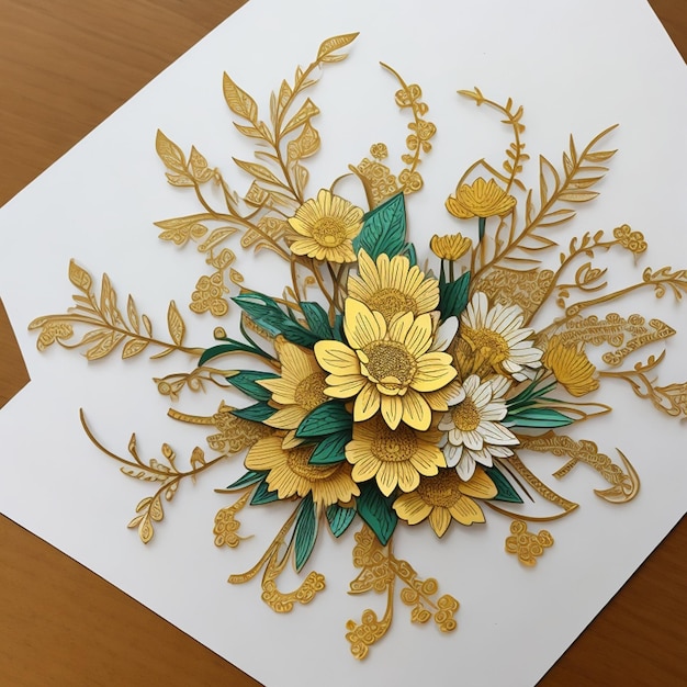 Une découpe de papier de fleurs avec des accents dorés